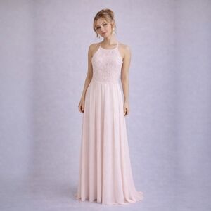 Lela Rose Blush Pink Chiffon Formal Dress Sz 14 Lace Maxi Bridesmaid Romantic